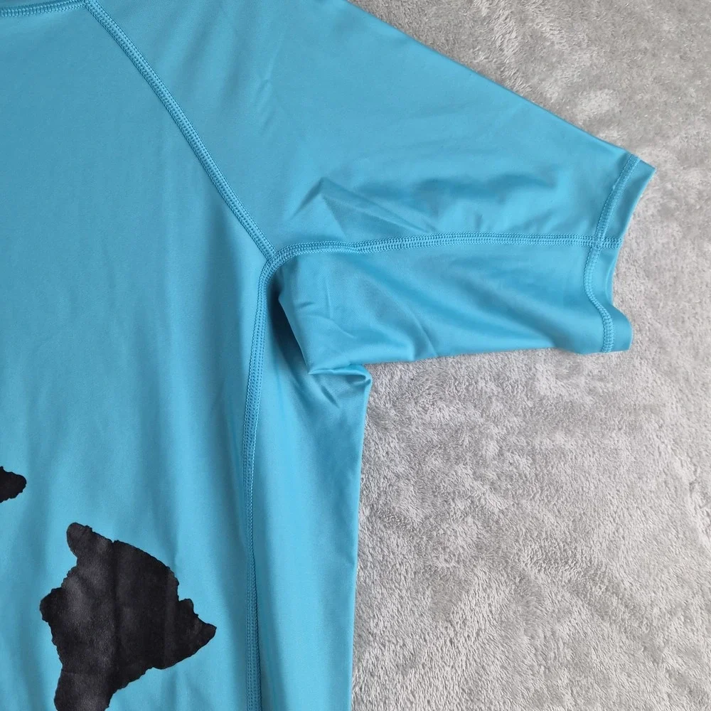 SeaHawaii Monskin Rashguard Medium Blue Hooded Short Sleeve Turtle Beach Surfer